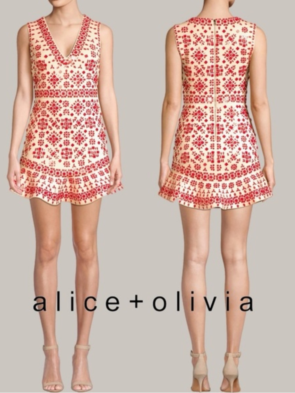 Alice + Olivia Red and Ivory Embroidered Ruffle Hem Mini Skirt